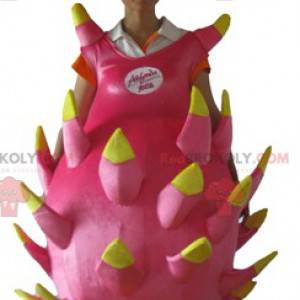 Mascote gigante da fruta do dragão rosa e amarelo -