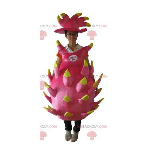 Mascote gigante da fruta do dragão rosa e amarelo -