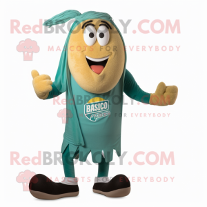 Teal Pesto Pasta mascot costume character dressed with a Running Shorts and Ties