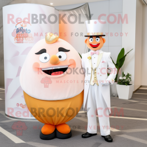 Peach Ring Master mascot costume character dressed with a Wedding Dress and Pocket squares