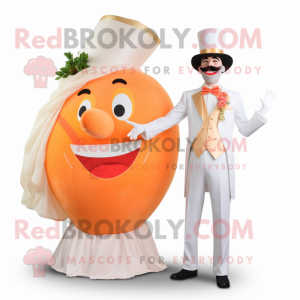 Peach Ring Master mascot costume character dressed with a Wedding Dress and Pocket squares