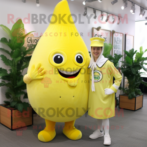 Lemon Yellow Onion mascot costume character dressed with a Chinos and Watches
