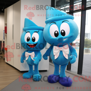Maskotfigur af en cyan...