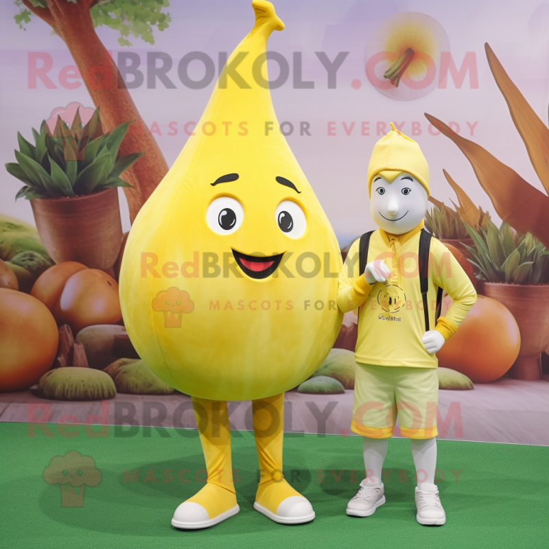 Lemon Yellow Onion mascot costume character dressed with a Chinos and Watches