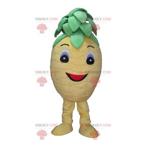 Engraçado e sorridente mascote abacaxi amarelo e verde -