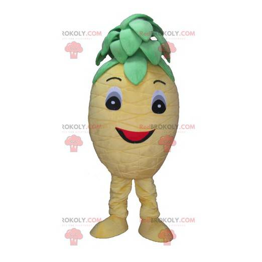 Mascotte di ananas giallo e verde carino e sorridente -