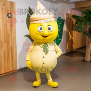 Lemon Yellow Onion mascot costume character dressed with a Chinos and Watches