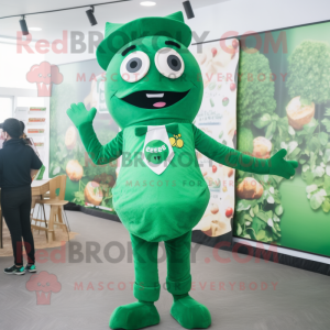 Forest Green Pizza mascot costume character dressed with a Bodysuit and Suspenders