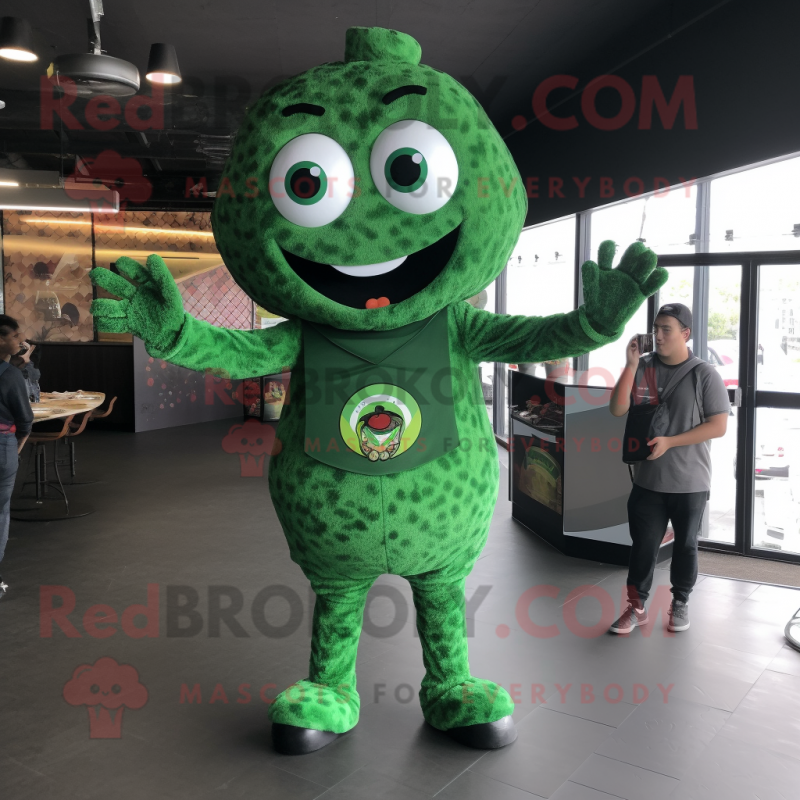 Forest Green Pizza mascot costume character dressed with a Bodysuit and Suspenders