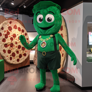 Forest Green Pizza mascot costume character dressed with a Bodysuit and Suspenders