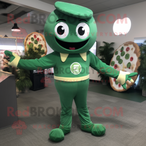 Forest Green Pizza mascot costume character dressed with a Bodysuit and Suspenders