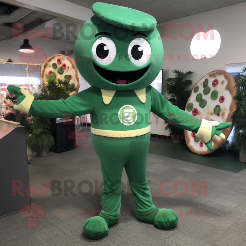 Forest Green Pizza mascot costume character dressed with a Bodysuit and Suspenders Forest Green Pizza mascot costume character dressed with a Bodysuit and Suspenders