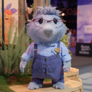 Lavender Guinea Pig mascot costume character dressed with a Chambray Shirt and Eyeglasses