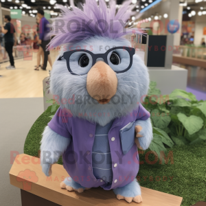 Lavender Guinea Pig mascot costume character dressed with a Chambray Shirt and Eyeglasses