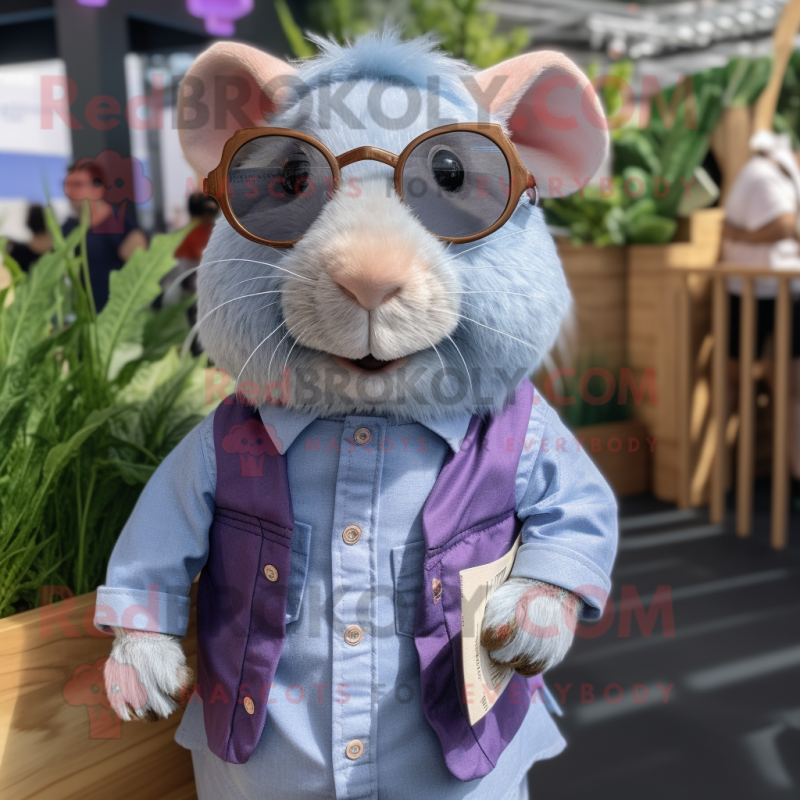 Lavender Guinea Pig mascot costume character dressed with a Chambray Shirt and Eyeglasses