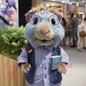 Lavender Guinea Pig mascot costume character dressed with a Chambray Shirt and Eyeglasses