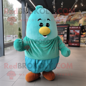 Turquoise Potato mascot costume character dressed with a Skirt and Mittens