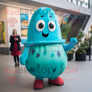 Turquoise Potato mascot costume character dressed with a Skirt and Mittens