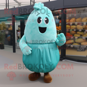Turquoise Potato mascot costume character dressed with a Skirt and Mittens