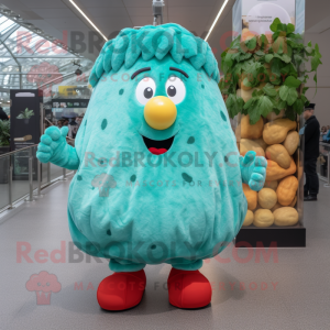 Turquoise Potato mascot costume character dressed with a Skirt and Mittens