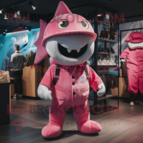 Pink Megalodon mascot costume character dressed with a Playsuit and Caps