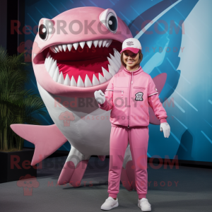 Pink Megalodon mascot costume character dressed with a Playsuit and Caps
