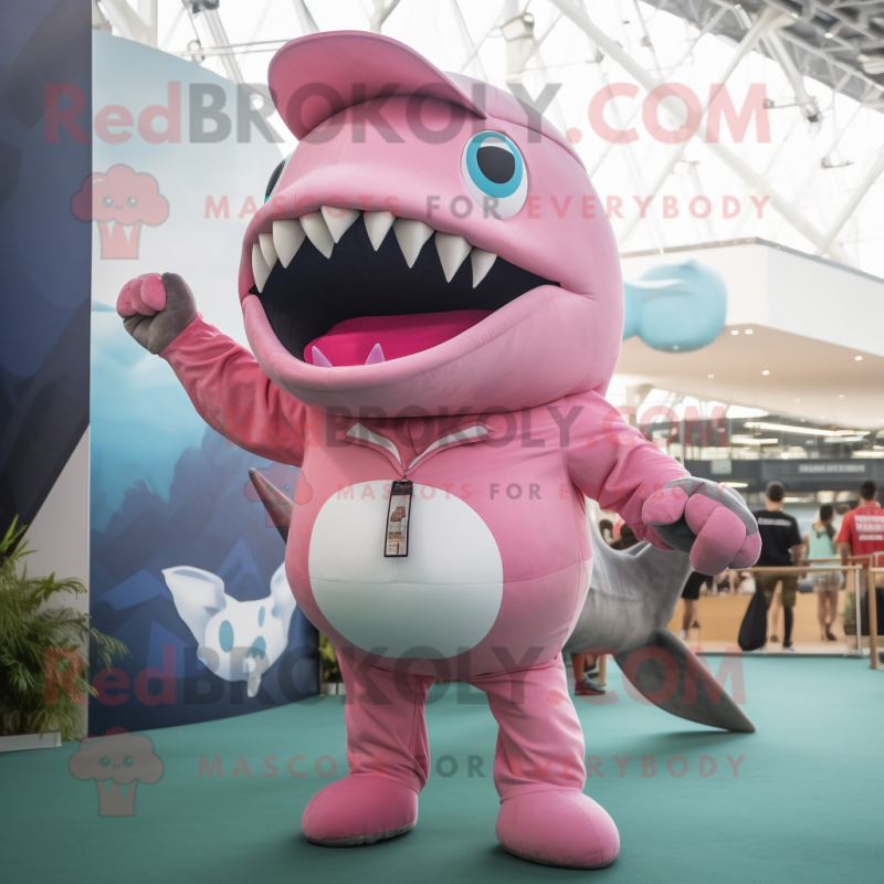 Pink Megalodon mascot costume character dressed with a Playsuit and Caps Pink Megalodon mascot costume character dressed with a Playsuit and Caps