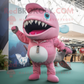 Pink Megalodon mascot costume character dressed with a Playsuit and Caps