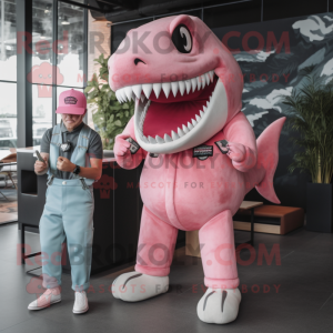 Pink Megalodon mascot costume character dressed with a Playsuit and Caps