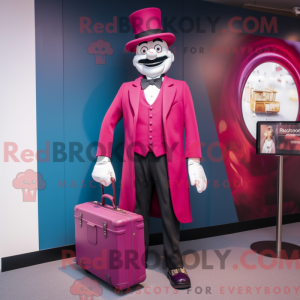 Maskotfigur af en magenta...