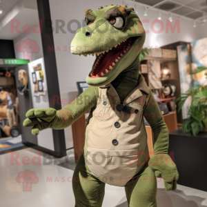 Olive Allosaurus mascot costume character dressed with a Jeggings and Hair clips