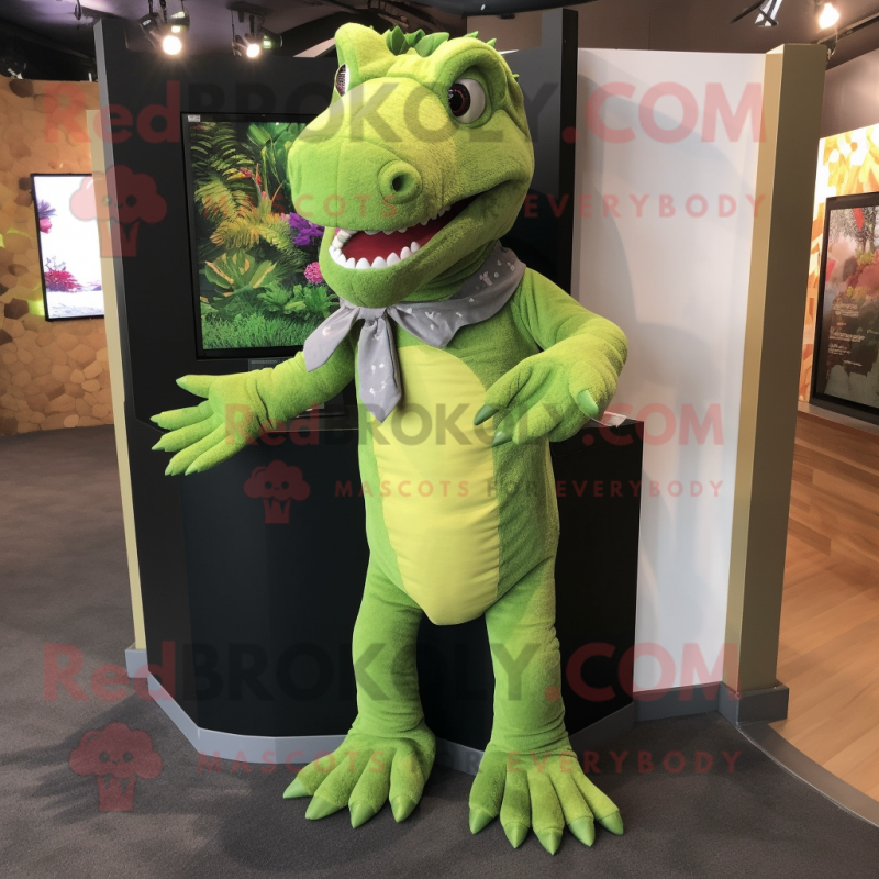 Olive Allosaurus mascot costume character dressed with a Jeggings and Hair clips Olive Allosaurus mascot costume character dressed with a Jeggings and Hair clips