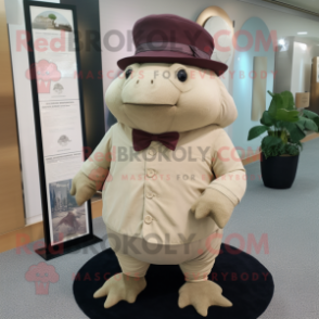 Cream Glyptodon mascot costume character dressed with a Dress Shirt and Hat pins