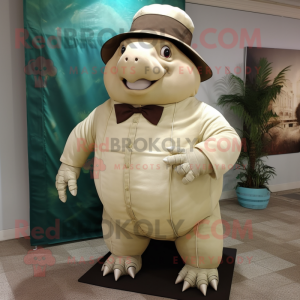 Cream Glyptodon mascot costume character dressed with a Dress Shirt and Hat pins