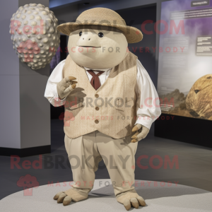 Cream Glyptodon mascot costume character dressed with a Dress Shirt and Hat pins