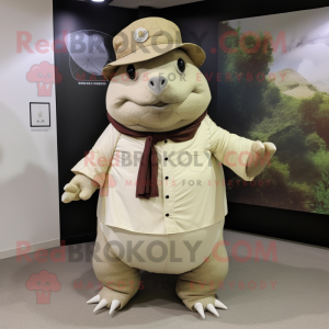 Cream Glyptodon mascot costume character dressed with a Dress Shirt and Hat pins