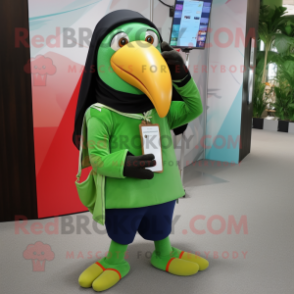 Green Toucan mascot costume character dressed with a Yoga Pants and Pocket squares