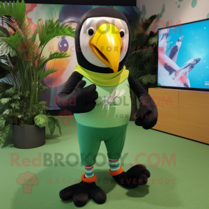 Green Toucan mascot costume character dressed with a Yoga Pants and Pocket squares