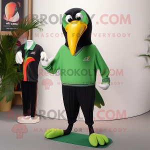 Green Toucan mascot costume character dressed with a Yoga Pants and Pocket squares