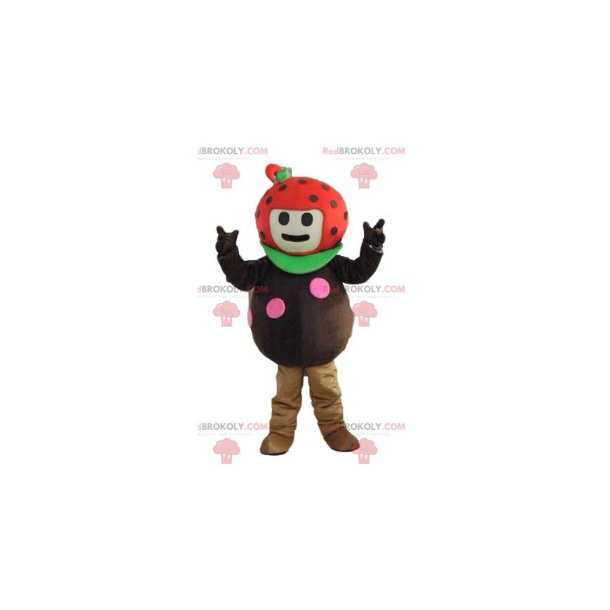 Mascote joaninha morango vermelho e marrom verde -