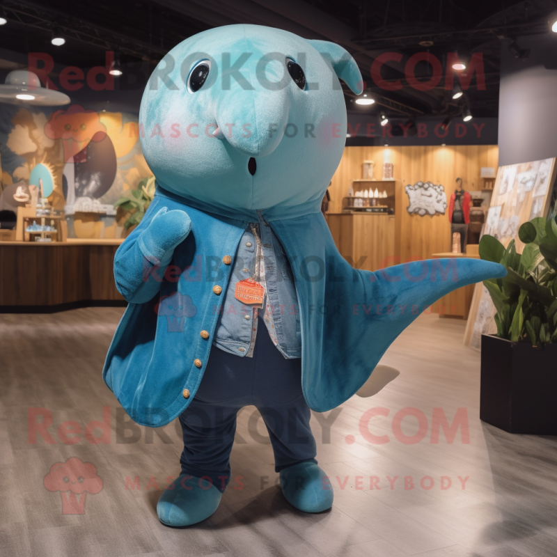 Teal Narwhal mascot costume character dressed with a Denim Shorts and Shawls Teal Narwhal mascot costume character dressed with a Denim Shorts and Shawls