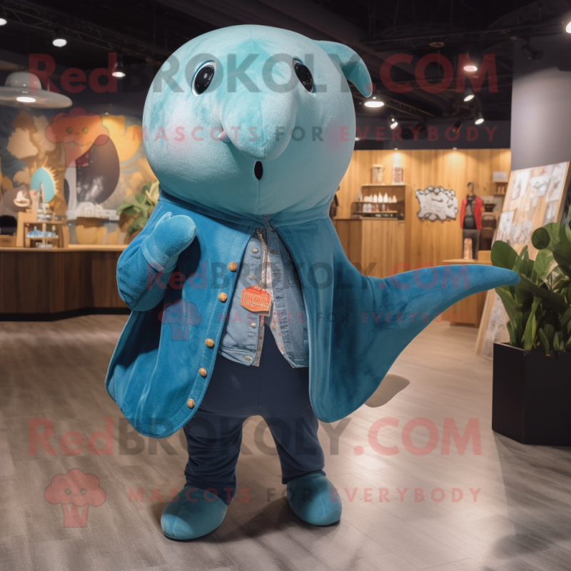 Teal Narwhal mascot costume character dressed with a Denim Shorts and Shawls