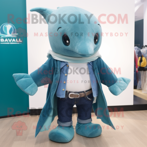 Teal Narwhal mascot costume character dressed with a Denim Shorts and Shawls