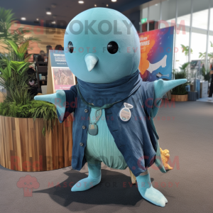 Teal Narwhal mascot costume character dressed with a Denim Shorts and Shawls