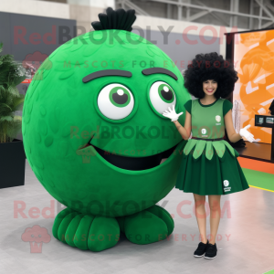 Forest Green Human Cannon Ball mascot costume character dressed with a Midi Dress and Wallets