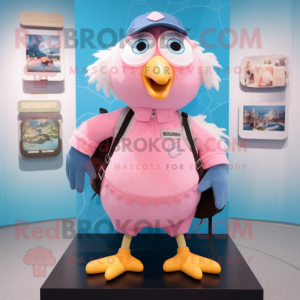 Pink Gull mascot costume character dressed with a Denim Shorts and Backpacks