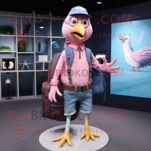 Pink Gull mascot costume character dressed with a Denim Shorts and Backpacks