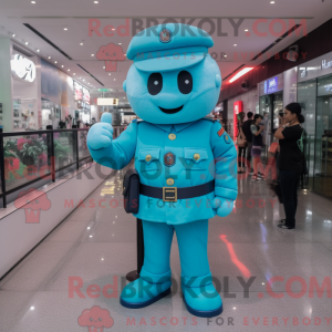 Maskotkarakter av en cyan...