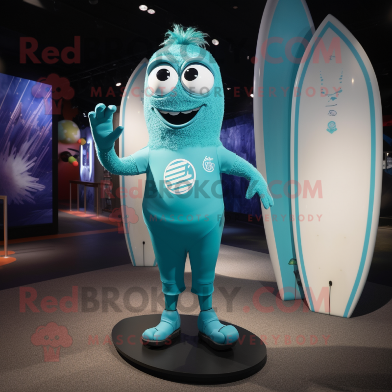 Teal Surfboard mascot costume character dressed with a Bodysuit and Rings Teal Surfboard mascot costume character dressed with a Bodysuit and Rings