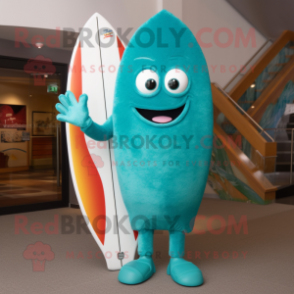 Teal Surfboard mascot costume character dressed with a Bodysuit and Rings